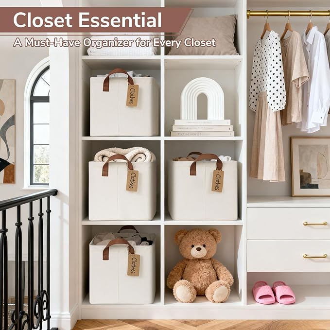CHICVITA 4 Pack Large Storage Baskets for Shelves, Collapsible Closet Organizer Bins with Metal Frame, Fabric Storage Bins for Clothes Towels Organization, 16.8" x 11" x 9.8", Beige