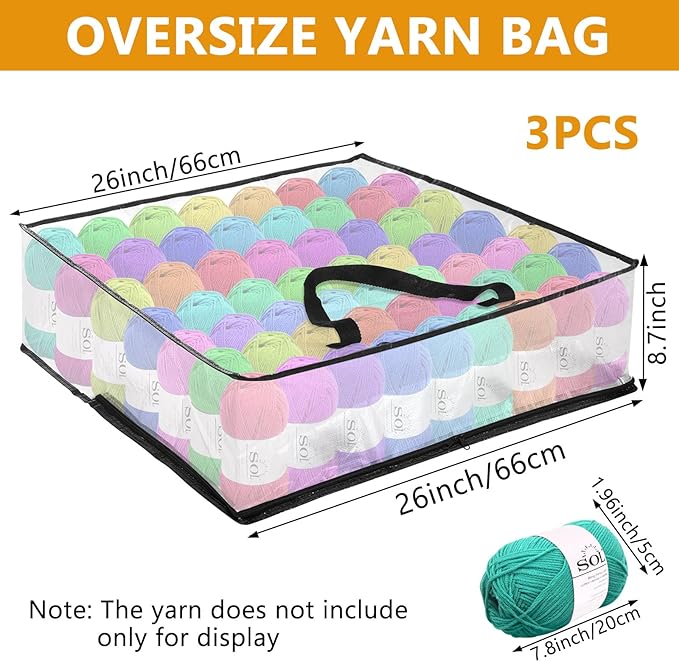XL Yarn Storage Organizer 3 Bags, Oversized Yarn Organizer Moving Bag with Handle & Zipper, Closet/Under-Bed Storage Solutions for Knitting, Crochetfor, Sweater & Blanket Packing (26x26x8.7“, 3 Pcs)