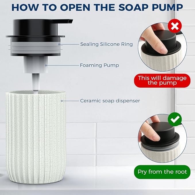 Ceramic Foaming Hand Soap Dispenser，12 oz Bathroom Soap Dispensers， Lotion Dispenser for Kitchen, Refillable Matte Streaks Soap Dispenser with Large Pump(Beige)