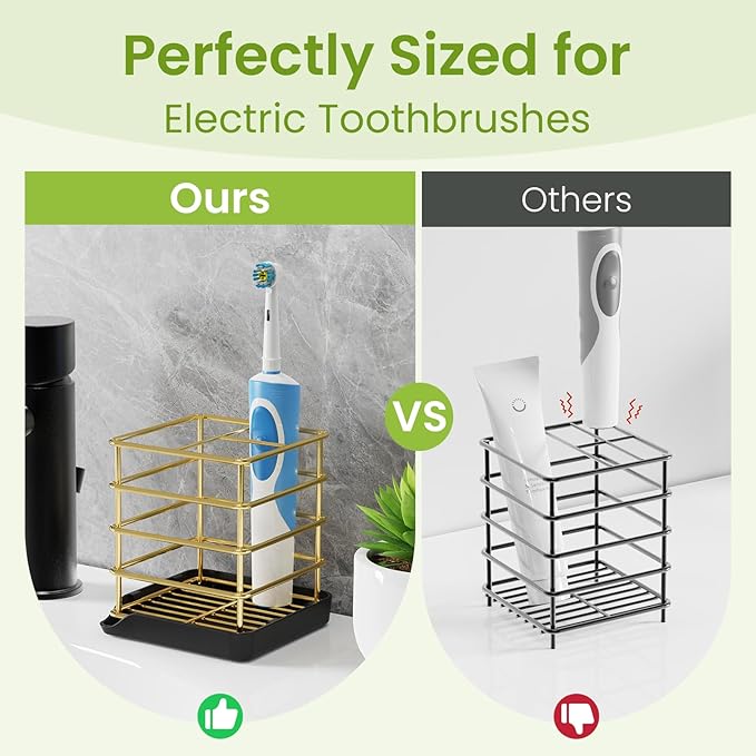 Toothbrush Holders for Bathrooms, Stainless Steel Toothbrush Holder Kids Electric 3 Slots Tooth Brushing Holder Stand and Toothpaste Holder for Bathroom Accessories Organizer with Tray, Gold
