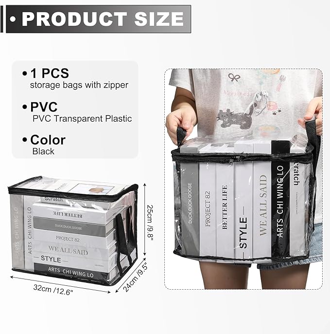 PATIKIL 12.6x9.5x9.8in Clear Storage Bags, Plastic Storage Bags Clear Small Zippered Organizers Foldable Closet Bed Sheet Organizer Cube with Zipper Handles for Book Clothes Yarn,M, Black