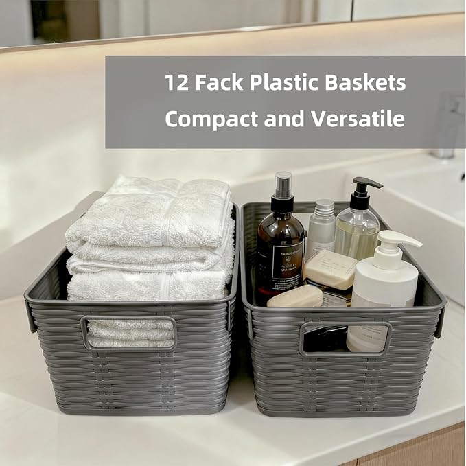 12-Pack Plastic Storage Baskets, Stackable & Nestable Organizer Bins for Toys, Clothes, Home (Gray - Rectangular)