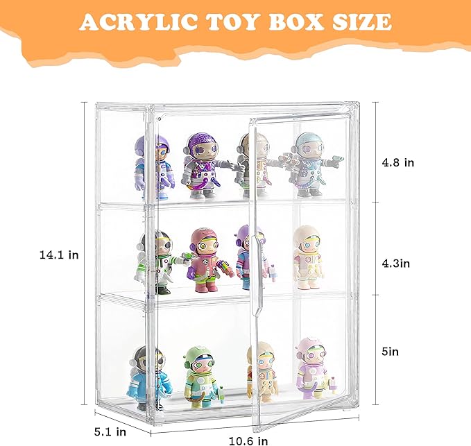 Clear Acrylic Display Case for Figures&Collectibles,3 Tier Lego Labubu Toy Box, Desktop or Storage Bin with 2 Removable Shelves,Figurine Display Shelf,Stackable Display Cabinet for Collectibles-1 Pack
