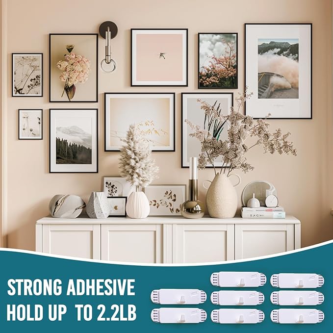 TAILI Picture Hangers 8 Pack, Adhesive Picture Hanging Hooks Without Nails, No Damage Sawtooth Hangers, Art Hanger Hooks for Bathroom Kitchen Home Door Closet, Inclue 2 Extra Strips