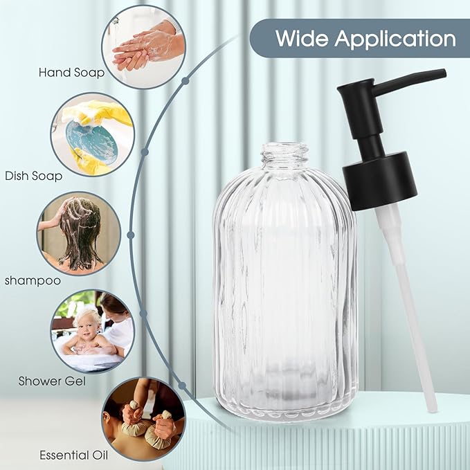 Topsky 2 Pack Glass Soap Dispenser with Plastic Pump, 400ml Liquid Hand Soap Dispenser, Rustproof Pump for Kitchen & Bathroom, Great for Lotions, Essential Oil, Liquid Soaps,Transparent