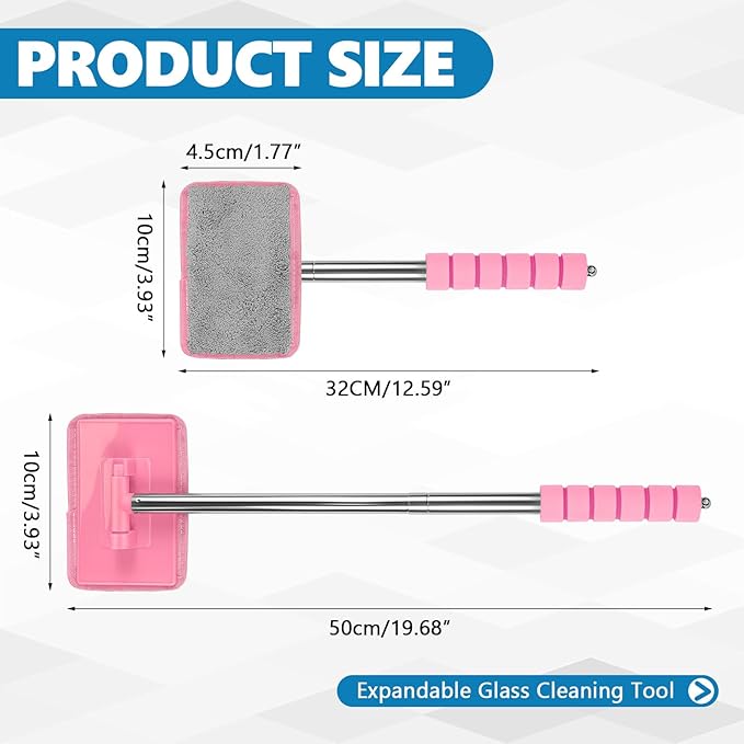 Car Windshield Cleaning Tool, Car Windshield Window Cleaner, Auto Glass Wiper Tool with Extendable Handle & Reusable Microfiber Pad, Universal Vehicle Cleaning Car Accessories (Pink)