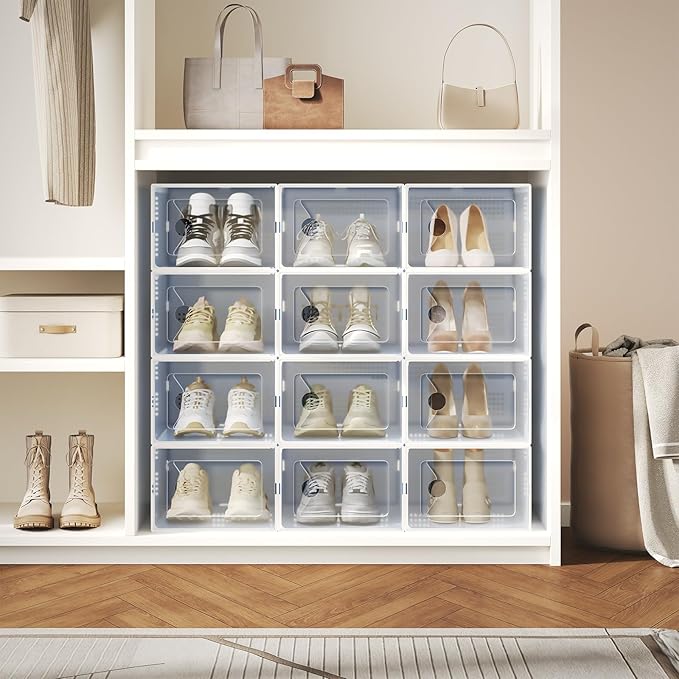 DUMOS Clear Shoe Storage Boxes, 15-Pack Plastic Stackable Shoe Containers with Lids, Display Sneaker Case Organizer for Closet, Under Bed, Entryway,White (Fit Size 11)