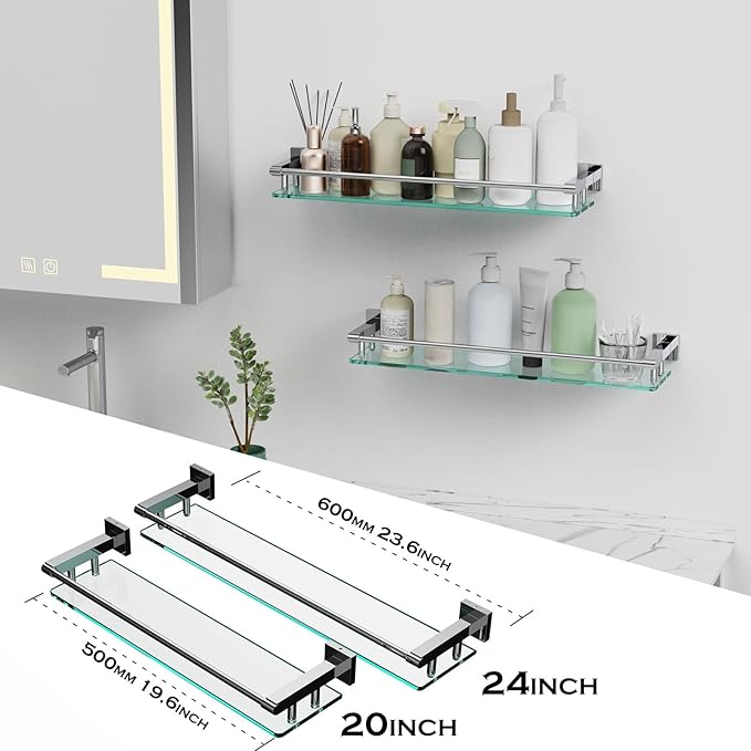 SFGSOWOR Glass Shelf for Bathroom Wall Sheves 24 inches Rectangular Stainless Steel Tempered Glass Modern Wall Mount Accessories Organizers Storage (Chrome Polished, 24‘’)