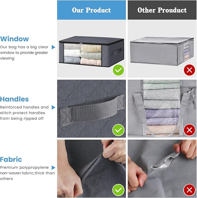 HomeHacks 6-Pack Clothes Organizer Storage Bags Foldable Storage Box with Large Clear Window Sturdy Handles for Closet, Dorm, Pillows, Bedding, Clothes, Stuffed Toys, Blankets, 35L, Grey