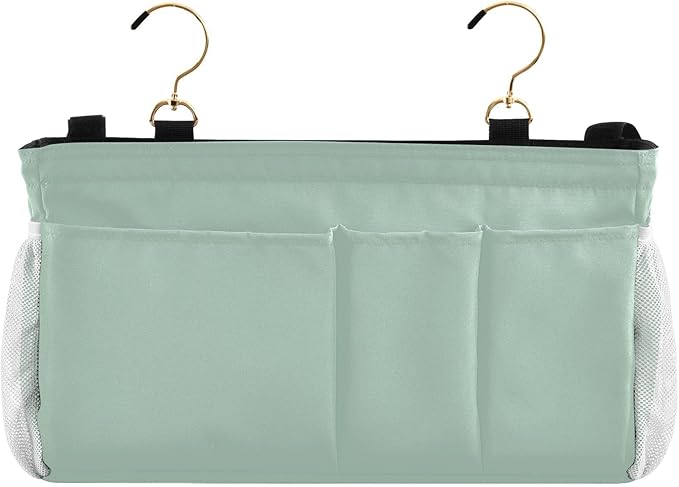 KOPIRIT Cyan Gray Bedside Caddy Storage Bag Bedside Organizer for College Dorm Top Bunk Bed Bedside Shelf Hanging Organizer 6 Pockets with Hooks for Magazine Water Bottle Holder
