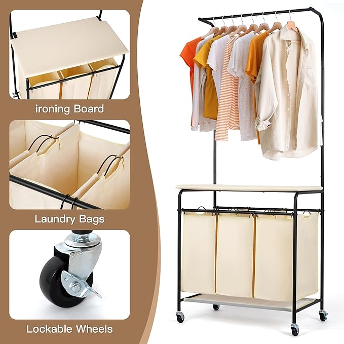 MYOYAY 3 Section Laundry Sorter with Garment Hanging Bar Rack Foldable Ironing Board, Laundry Basket Organizer Heavy Duty Laundry Hamper Rolling Cart with Lockable Wheels and 3 Removable Bags