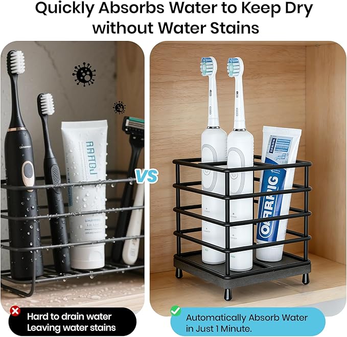 BOTEMY Toothbrush Holders with Quick Drying Mat—Black Toothbrush and Toothpaste Holder for Bathroom—Upgrade 3 Slots Openwork Design Bathroom Counter Organizer for Electric Toothbrush,Razor,Toothpaste