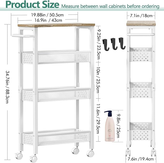 Utility Slim Storage Cart, 4 Tier Small Rolling Kitchen Laundry Room Cart with Wood Top, Metal Bathroom Storage Cabinet Mobile Shelf Unit Organizer Trolley with Handle for Narrow Space