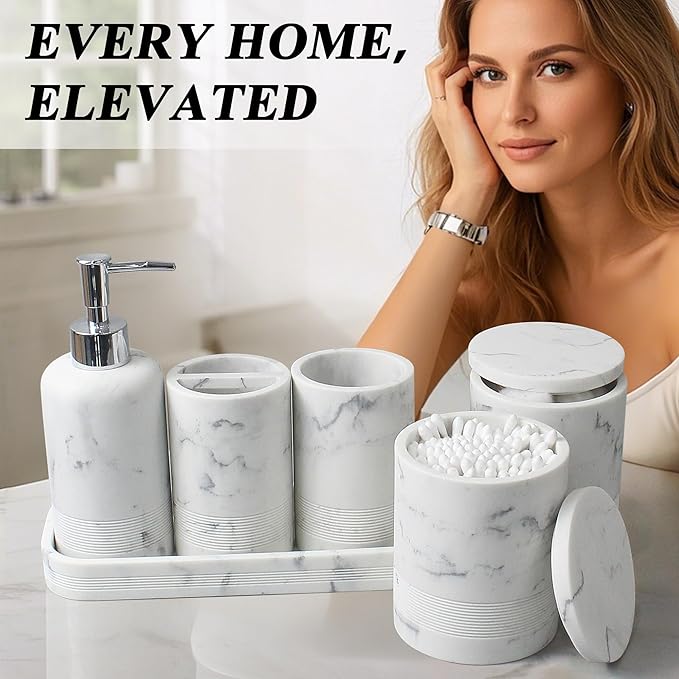 6-Piece Bathroom Accessories Set, Organizer Set with Soap Dispenser, Toothbrush Holder Set, Vanity Tray, Tumbler & 2 Cotton Swab Jars – Modern Stylish Bathroom Storage(Marble White)