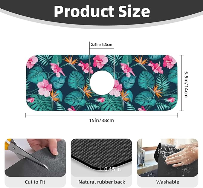 Hawaii Hawaiian Flower Leaf 15" X 5.5" Kitchen Sink Splash Guard Faucet Faucet Guard Draining Mat Sink Splash Guard Faucet Kitchen Bathroom