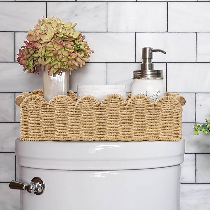 CubesLand Scalloped Edge Toilet Paper Storage Basket, Living Room Home Cozy Decor Basket, Paper Rope Small Baskets for Over Toilet Storage Shelf, End Table, Shelves, with 2 Wooden Handles, Beige