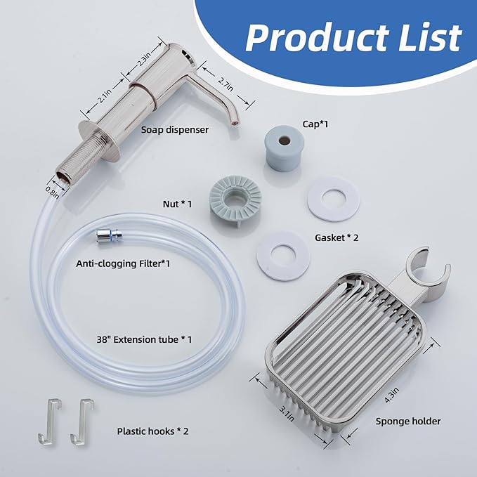 Soap Dispenser for Kitchen Sink, Built in Soap Dispenser Pump with Sponge Holder, Under Counter Brushed Nickel ABS Pump Head with 38" Extension Tube Kit, Good Suction Power