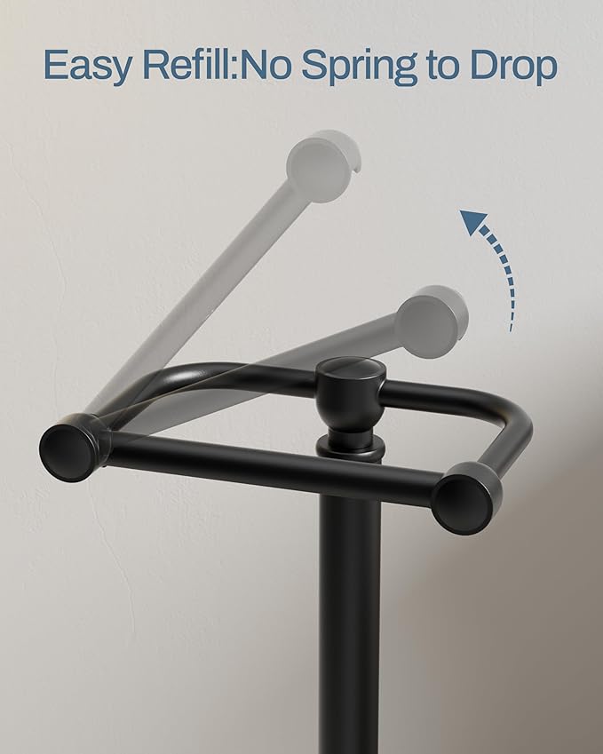 KALLYNB Freestanding Toilet Paper Holder Stand - Rustproof 304 Stainless Steel with Heavy Duty Weighted Base (4.8lbs), 22" Height Pivot Arm Tissue Roll Dispenser, Fits Mega Rolls - Matte Black