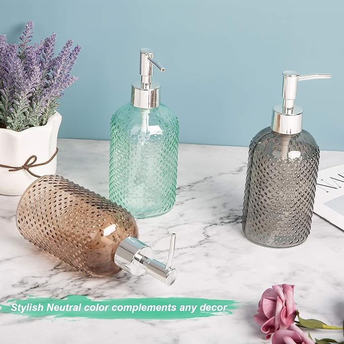 Cutiset 3 Pack Assorted Glass 15 Ounce Lotion Soap Dispenser Bottle with Pump for Bathroom, Kitchen