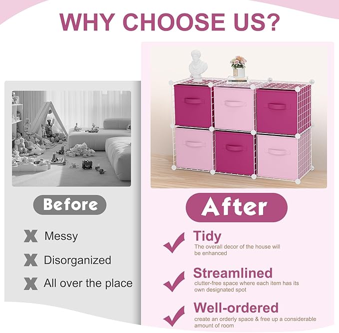 Leinuosen 6 Cube Storage Organizer with Fabric Bins, Wire Grid Stackable Shelves, Drawer Closet Organizer, Modular Storage Units for Bedroom Living Room Office Clothes Toys Crafts(White,Pink)