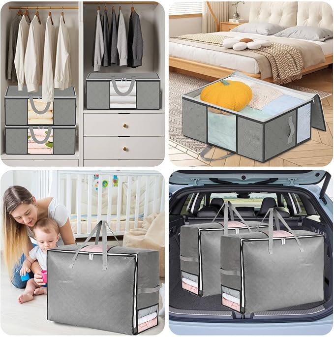2Pack 105L Extra Large Blanket Comforter Storage Bags, Foldable Storage Bags for King Comforter Bedding Pillow Sheet Clothes with Handles Zippers Clear Window Closet Organizers and Storages, Grey