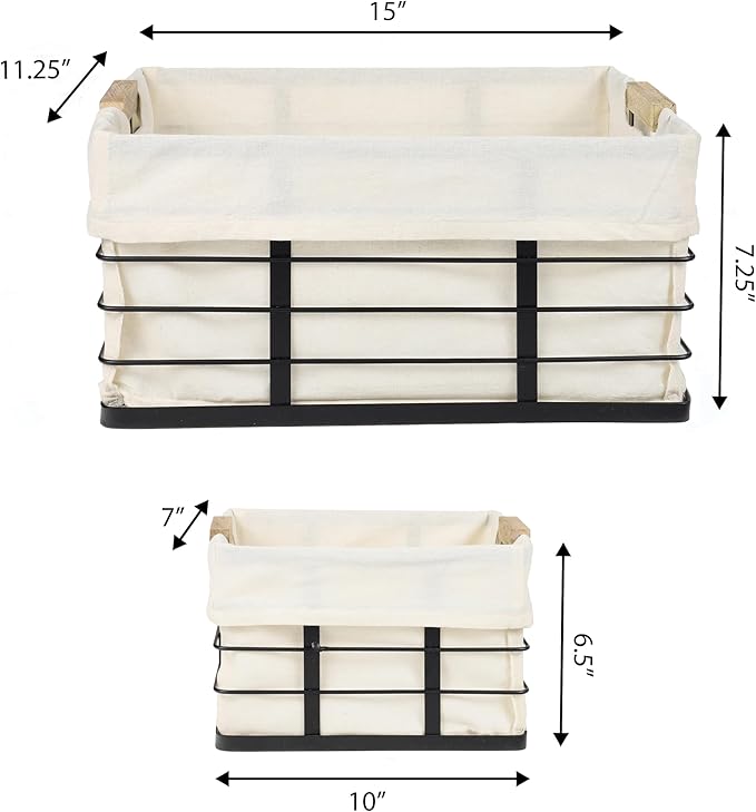 happimess BSK3002A-3SET Callan Vintage Industrial Wire Metal Nesting Storage Baskets with Wood Handles and Fabric Liner for Shelves, Cabinets, Pantry, Countertop, Mesh Open Bin, Black (Set of 3)