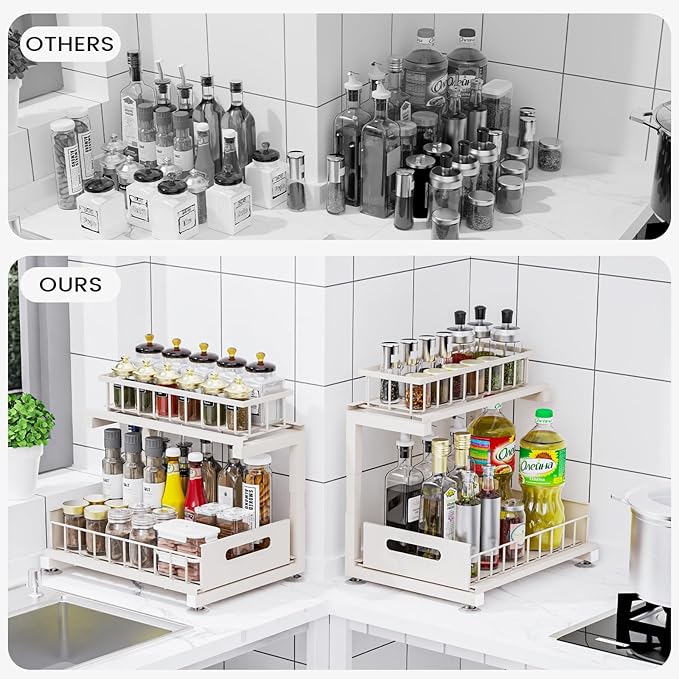 Under Sink Organizer, Heavy Duty Metal Pull Out Cabinet Organizer Slide Out Sink Shelf Organizer Height Adjustable, Multi-Purpose Storage Shelf for Kitchen Bathroom(Sand,1Pack)