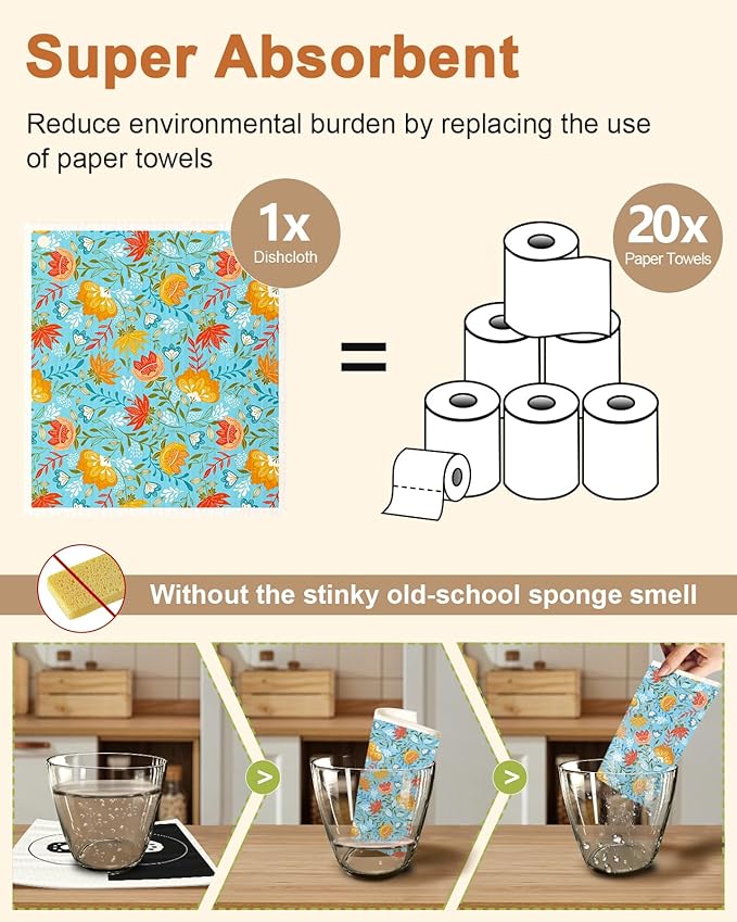 Kitchen Swedish Dishcloths with Hooks - 6 Pack Reusable Dish Cloths for Washing Dishes Fast Drying Cute Fun Swedish Dish Towels Washable Cleaning Sponge, Full Blown Flowers