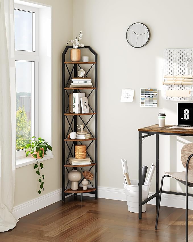6-Tier Corner Shelf, Industrial Corner Bookshelf, 71.2" Corner Storage Stand, Plant Stand Display Shelf, Corner Bookcase for Bedroom, Living Room, Home Office, Rustic Brown and Black TCJ11BF
