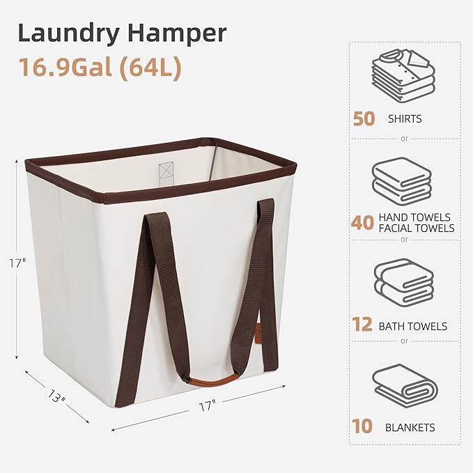 STORAGE MANIAC Collapsible Laundry Caddy, 64L (17 Gal) Large Collapsible Laundry Basket with Sturdy Metal Wire Frame, Long Carry Handles - Space-Saving, Foldable Laundry hamper, 1 Pack Beige