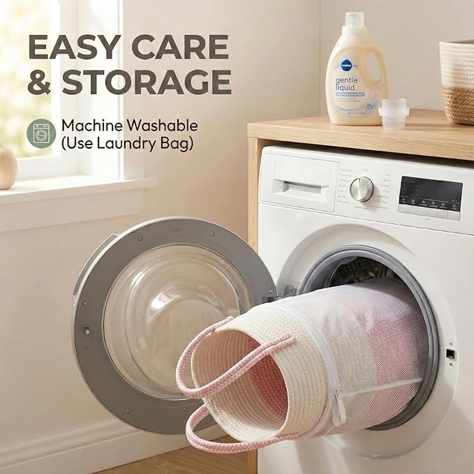 115L Extra Large Blanket Basket for Living Room - Woven Cotton Rope Laundry Hamper with Reinforced Handles - Storage Bin for Pillows, Comforters & Toys - Machine Washable,White&Pink