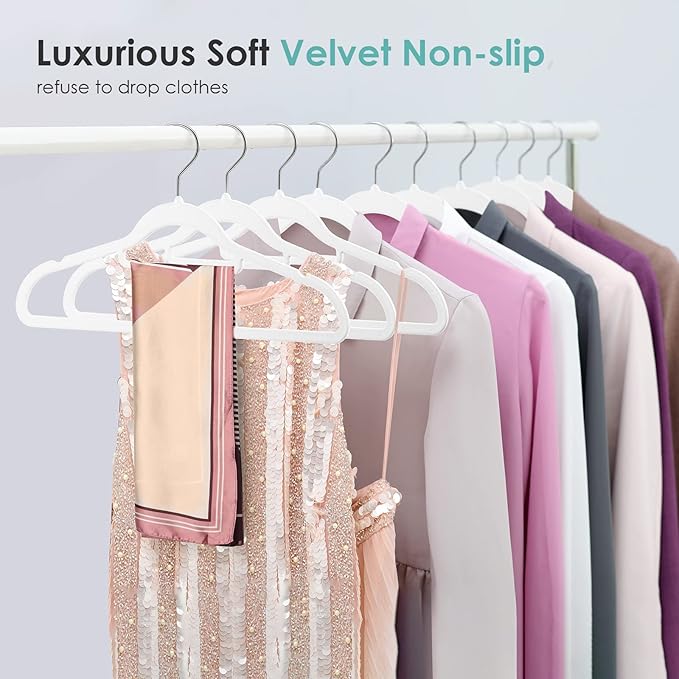 Velvet Hangers Non Slip Felt Hangers, 50 Pack White Velvet Clothes Hangers Space Saving Slim with 360 Degree Swivel Hook for Suits Coats, Jackets, Pants, and Dress Clothes