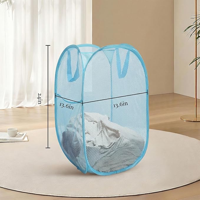The upgraded pop-up laundry basket features a breathable side pocket mesh design, making it ideal for rooms, apartments, dormitories, travel, business trips, and children's storage (1,sky blue)
