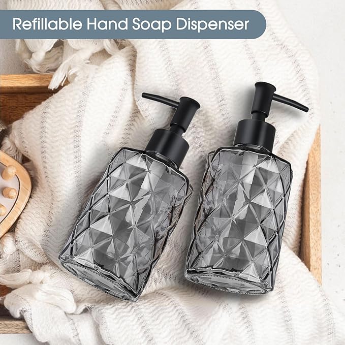 Topsky 2 Pack Glass Soap Dispenser with Black Plastic Pump, 330ml Liquid Hand Soap Dispenser, Rustproof Pump for Kitchen & Bathroom, Great for Lotions, Essential Oil, Liquid Soaps-Gray