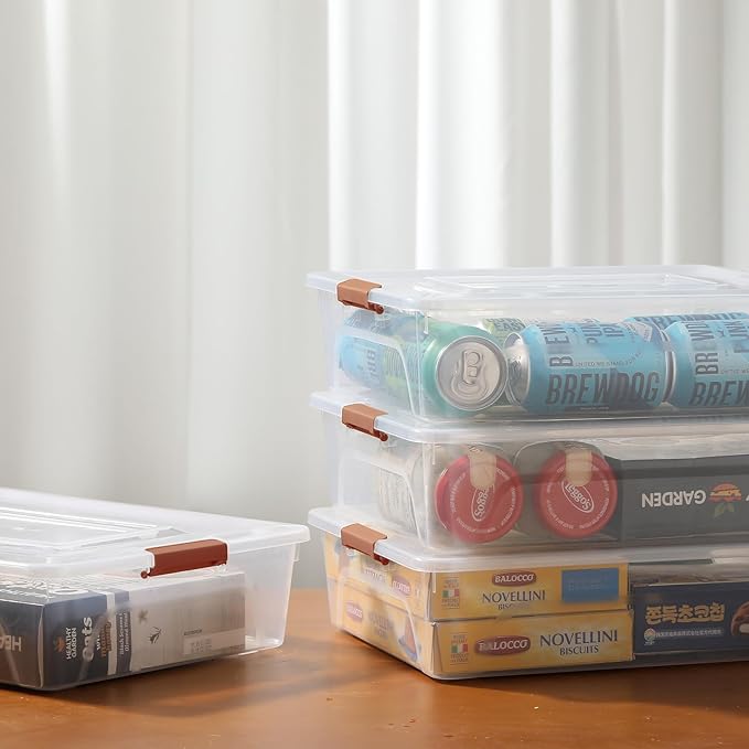 novelinks Clear Stackable Storage Bins with lid Storage Boxes Durable Plastic Organizer Containers for Home Office, Kitchen, Craft Supplies (10 Quart 4 Pack Brown)