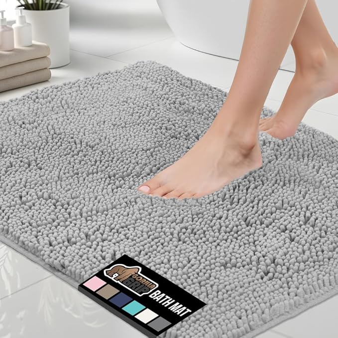 GORILLA GRIP Bath Rug Mat 30x20, Thick Soft Absorbent Chenille, Quick Dry Microfiber Mats, Rubber Backing Washable Shower Floor Rugs, US Designed Bathroom Bathmat Home Decor Accessories, Light Gray