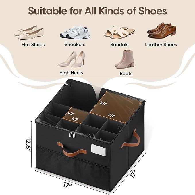 MSTONAL Shoe Organizer for Closet, 2 Pack Shoe Storage Containers with Adjustable Dividers, Space Saving Shoe Box Organizers Bins with Clear Lids & 4 Reinforced Handles, Fits 16-32 Pairs, Pure Black