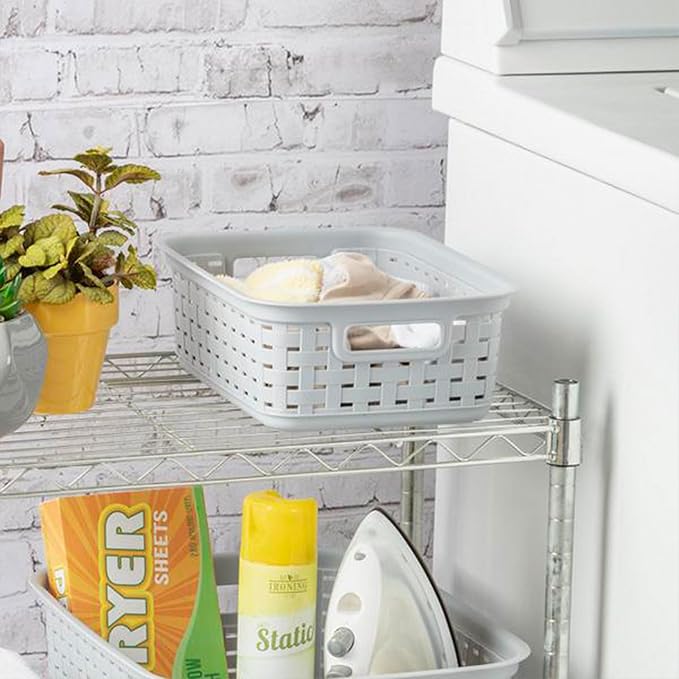 Sterilite 11 Inch Small Weave Open Bin Wicker Storage Basket Home Organizer Tote for Countertops, Bookshelves, and Closets, Cement, 16-Pack