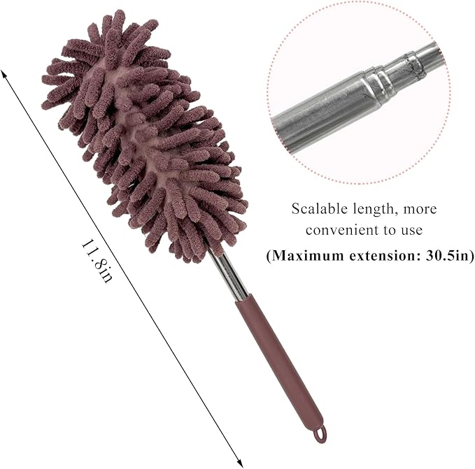 2PCS Car Interior Duster with Extension Pole, 11.8" to 30.5" Retractable Dusters Auto Dash Cleaning Tool, Soft Chenille Hand Washable Dusters for Car Window Furniture Office (Khaki)