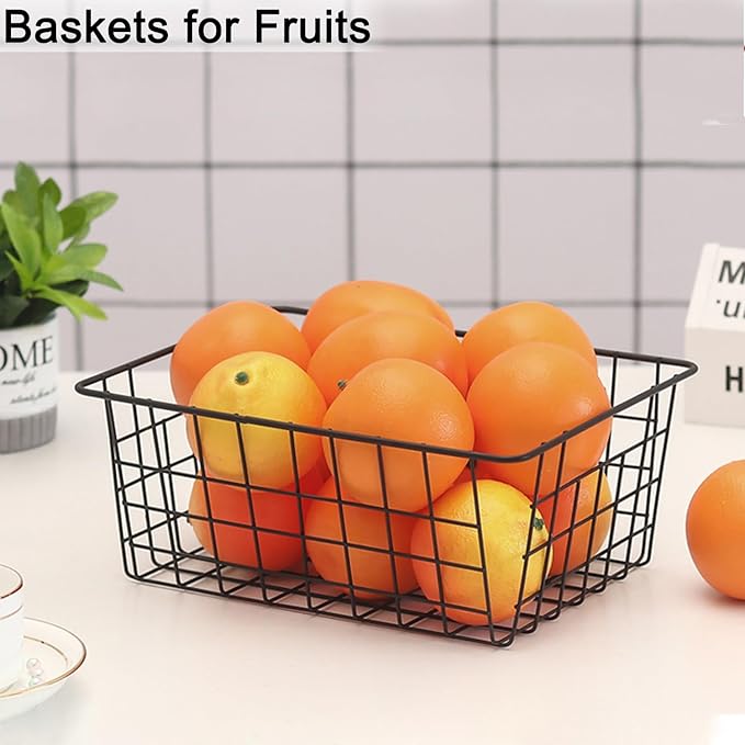 Wire Baskets for Organizing, 4 Pack Household Pantry Basket Black Metal Storage Bins Wire Storage Baskets Metal Baskets for for Home Office Kitchen, Bathroom