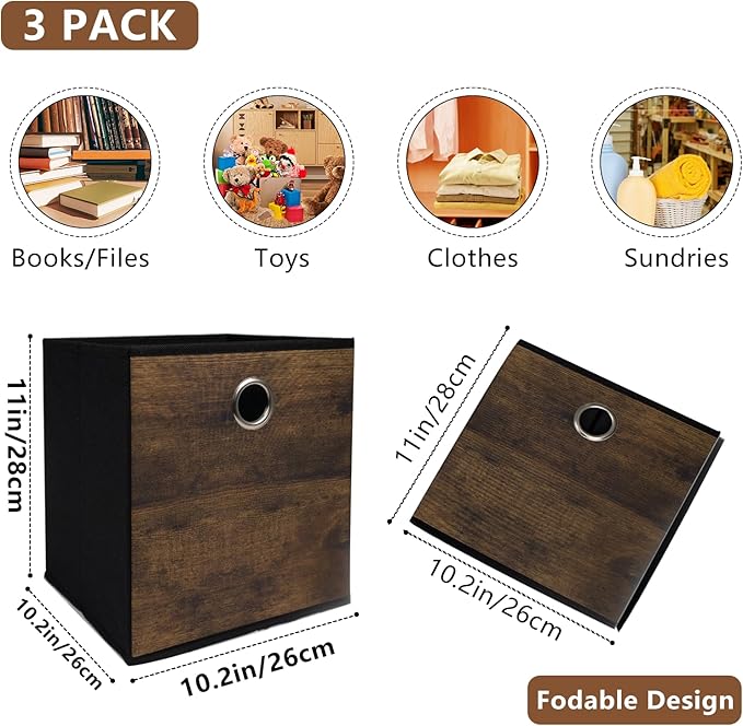 Thickened Fabric Storage Bins with Wood Grain,Foldable Storage Cubes Decorative Boxes,Sturdy Cube Organizer Basket for Shelves,Closet,Home,Office, Nursery,Dorm,Brown with Black,3 Pack (10.2x10.2x11in)