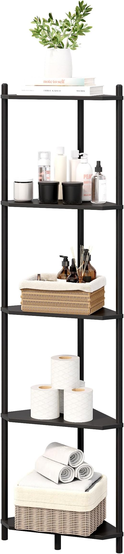 Corner Shelf Stand - 5 Tier Bamboo Small Corner Bookshelf for Office Kitchen Bedroom Plant Stand Living Room Decor Small Space (Black, 5 Tier)