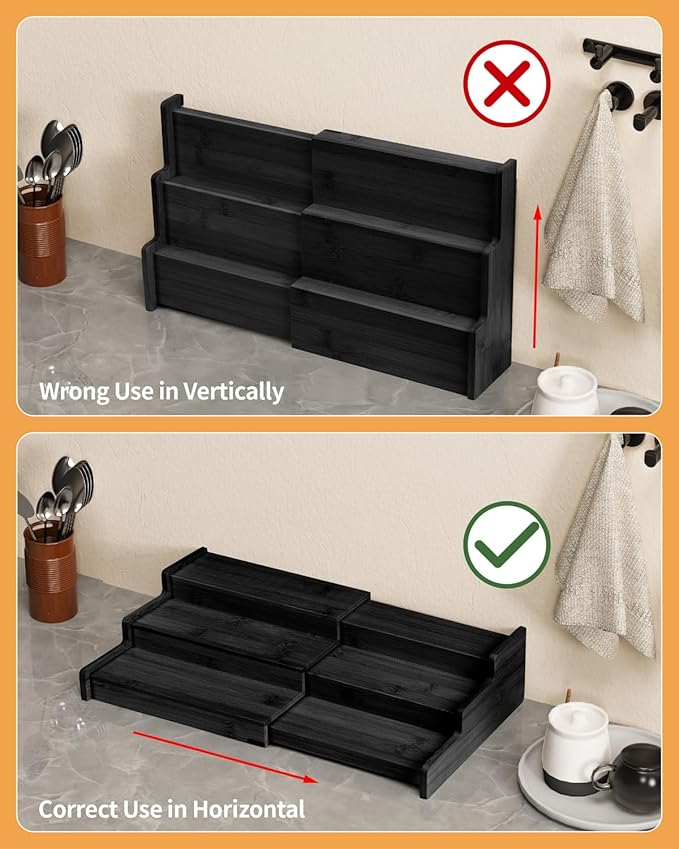 Spice Rack, 3-Tier Expandable Bamboo Spice Rack Organizer for Cabinet, Kitchen, Pantry and Cupboard Storage Organizer-Black(2pack)
