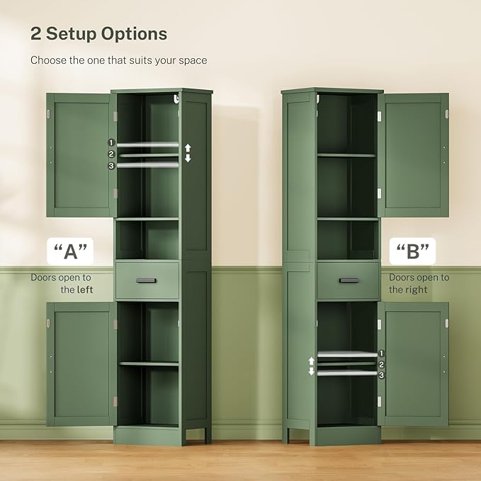 TEENFON 67" H Tall Bathroom Storage Cabinet with Barn Doors and Drawer, Narrow Bathroom Cabinet, Narrow Storage Unit, Adjustable Shelves, Floor Cabinets for Living Room, Forest Green UNSNG091V