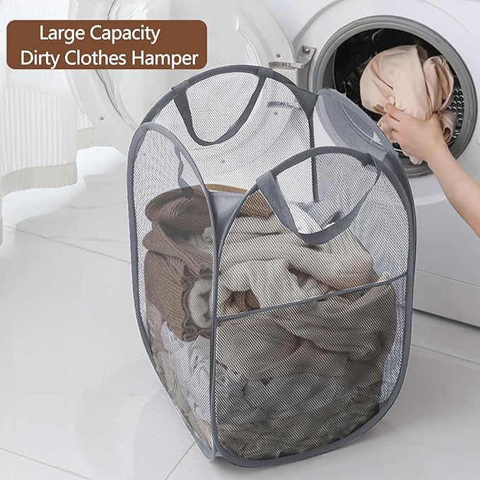 2 Pack Pop Up Laundry Hamper, Collapsible Laundry Baskets, Foldable Mesh Laundry Baskets Storage Bins Large Top Opening for Bedroom, College Dorm, Travel (Grey)