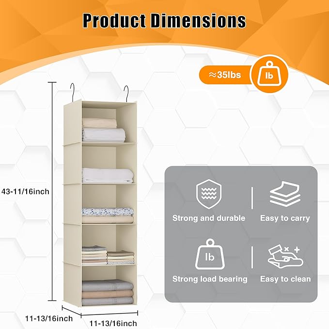 Hanging Closet Organizer, Easy Mount Foldable 5-Shelf Hanging Closet Wardrobe Storage Shelves, Clothes Handbag Shoes Accessories Storage, Washable Oxford Cloth Fabric, Beige