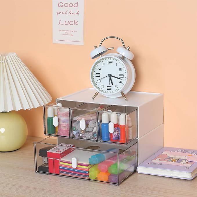 Desktop Storage Drawers, Plastic Desk Organizer with 3 Drawers, Modular Stackable Toolbox Units for Office Stationary, Makeup Container, Bathroom Countertop (1 Tall Layer, White & Clear)