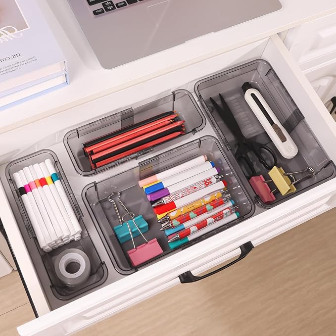 8 Pcs Mixed Extendable Clear Drawer Organizer, All Adjustable Vanity Storage Box, 3-Size Desk Drawer Organizer, Acrylic Storage Bins for Makeup, Bedroom Dressers Tool Organizer for Gadgets, Black