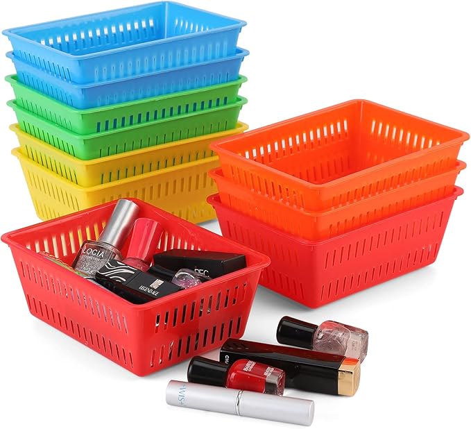 10 Pack Mini Storage Baskets Bins, Plastic Organizer Basket, Colorful Shelf and Desk Make-up Storage Crate Organizing Containers, Ideal for Home Classroom Office Organization. 6.1"L x 4.5"W x 2.4"H