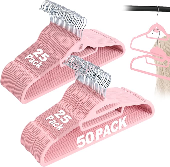 Velvet Hangers 50 Pack, S-Shaped and Stackable Non Slip with 360°Swivel Hook, Ultra Thin and Space Saving Flocked, for Suits, Shirts, Coats, 15Lbs Capacity Heavy Duty, Pink